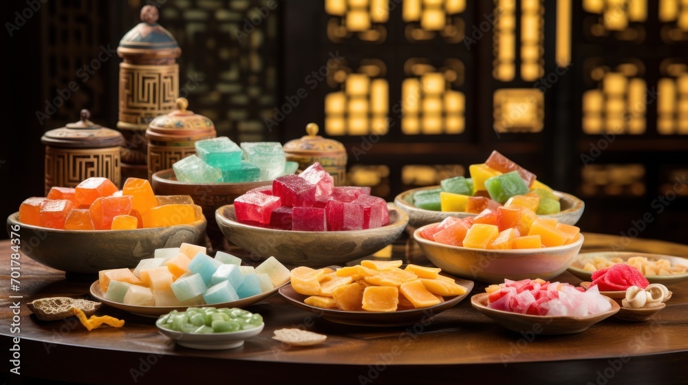  a wooden table topped with bowls filled with different types of candies and marshmallows on top of it.