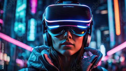 A girl in virtual reality glasses watches a futuristic city