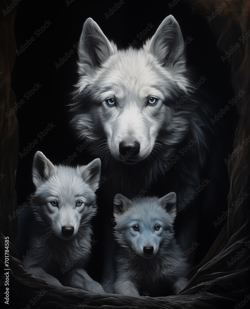 Three white wolves on black background Three white wolves on black background