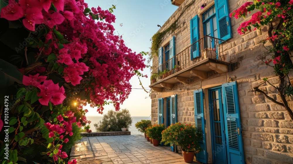 Mediterranean style classic stone house with bougainvillea