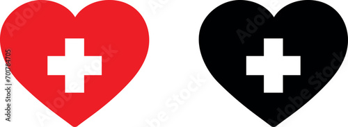 Heart shape with cross inside. Vector icon in 4 different styles.