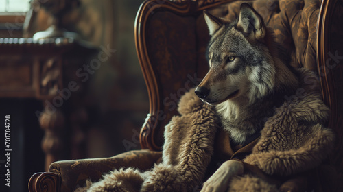 fantasy photography, a wolf sits in a chair, dressed in a sheepskin coat.concept - a traitor, a hypocrite with selfish intentions, pretending to be good for selfish purposes