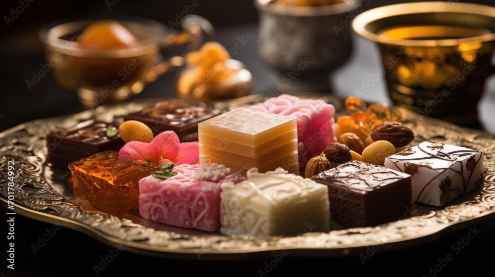  a plate filled with assorted chocolates on a table next to a cup of tea and a glass of tea.