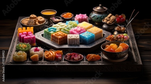  a tray filled with lots of different types of food next to bowls of dipping sauces and a teapot. © Olga