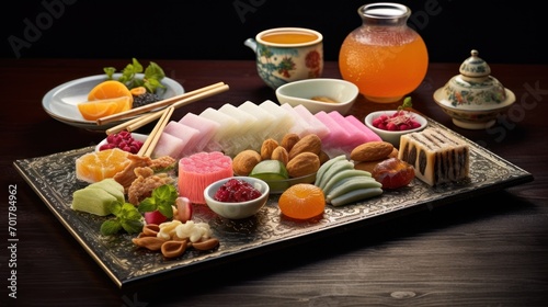  a tray filled with assorted desserts on top of a wooden table next to a pitcher of orange juice.