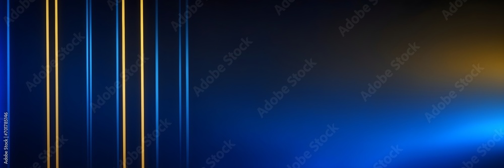 Abstract dark background with neon light blue and yellow lines. Blue background banner with illuminated copy space.