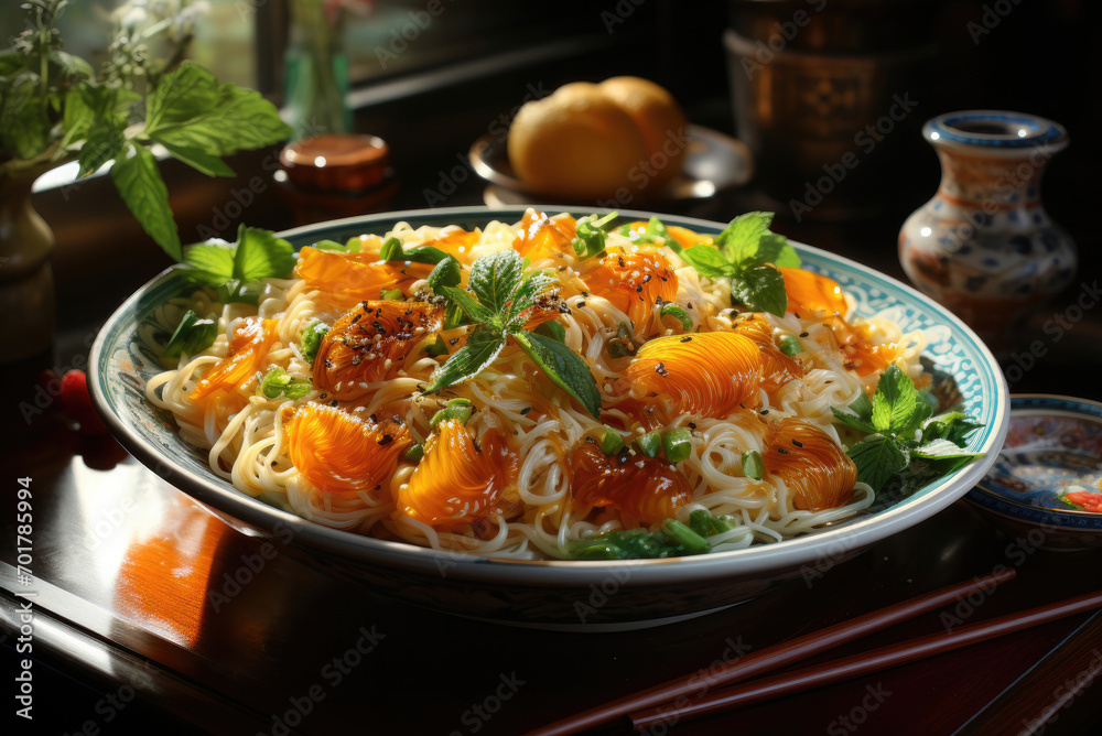 Asian cuisine. Chinese noodles on a plate
