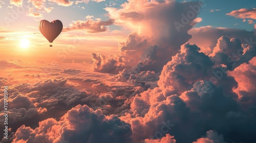 A heart-shaped hot air balloon flies between  photo