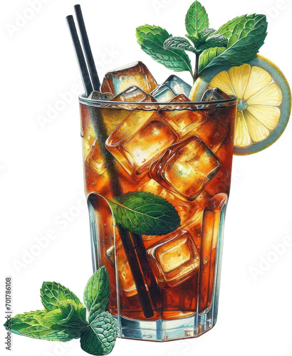 Long Island Iced Tea, Hyper Realistic Watercolor Style of Long Island Iced Tea, One of the Famous Cocktail drinks BIG PNG Clipart, High Quality Transparent Backgrounds