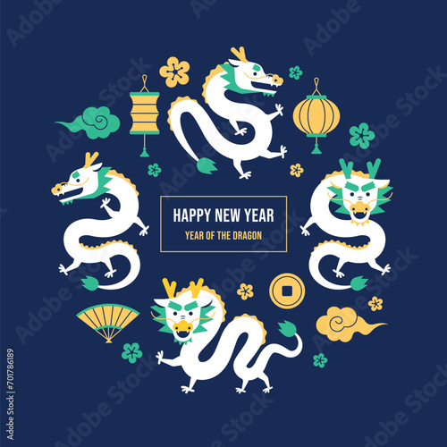 Fototapeta Naklejka Na Ścianę i Meble -  Lunar chinese new year, year of dragon icon vector illustration. happy chinese new year elements in modern minimalist style. background pattern.
