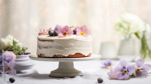  a close up of a cake on a cake plate with flowers in the background and a vase of flowers in the foreground.