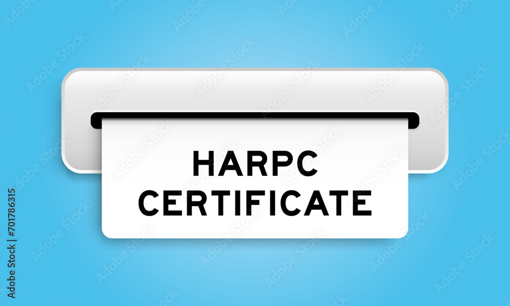 White coupon banner with word HARPC (Hazard analysis and risk-based preventive controls) certificate from machine on blue color background White coupon banner with word HARPC (Hazard analysis and risk-based preventive controls) certificate from machine on blue color background