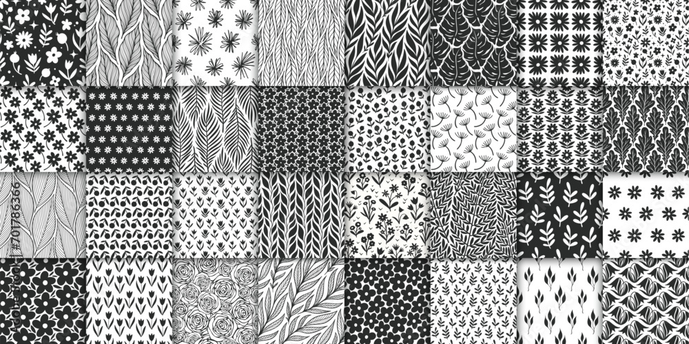 32 floral seamless pattern collection. Minimalistic hand drawn doodle seamless pattern with flowers and leaves 32 floral seamless pattern collection. Minimalistic hand drawn doodle seamless pattern with flowers and leaves