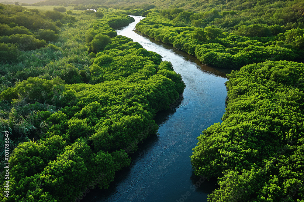 Capture nature's beauty from above as a drone glides over a winding river embraced by vibrant greenery revealing the gentle curves of the landscape. Ai generated Capture nature's beauty from above as a drone glides over a winding river embraced by vibrant greenery revealing the gentle curves of the landscape. Ai generated