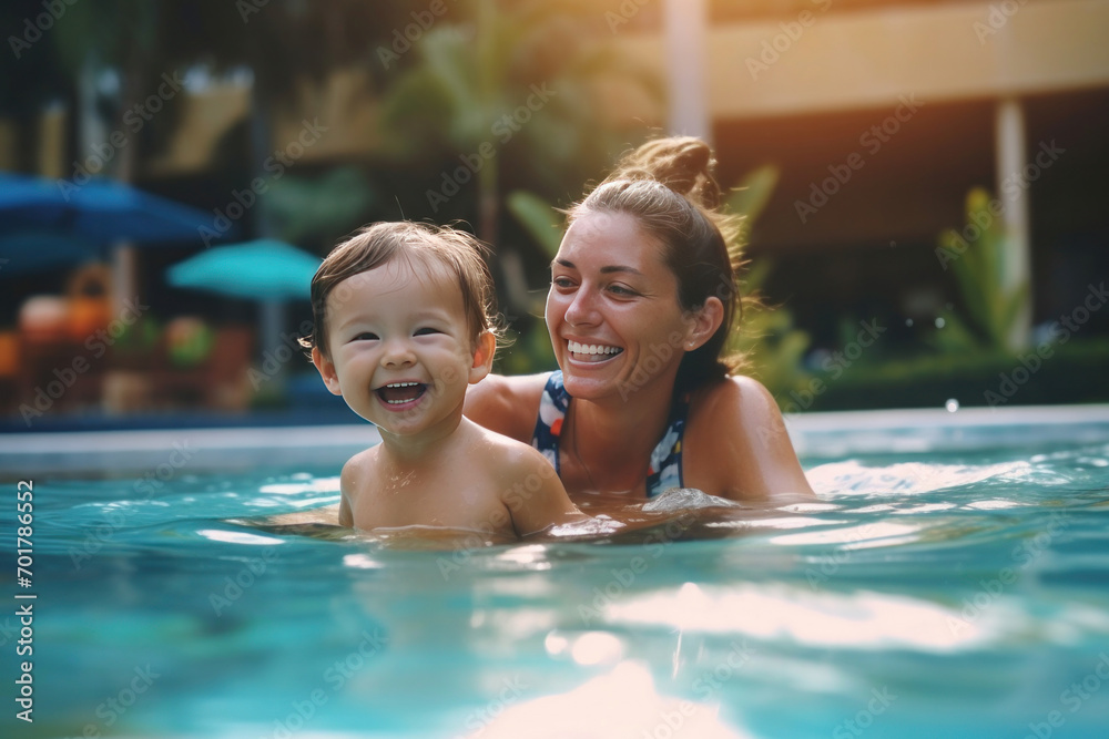 A happy child playing in the pool together with mother. A happy child playing in the pool together with mother.