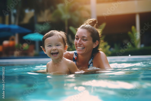 A happy child playing in the pool together with mother.