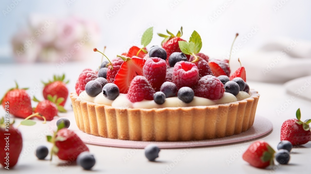  a cake topped with berries and blueberries on top of a white table next to strawberries and raspberries.
