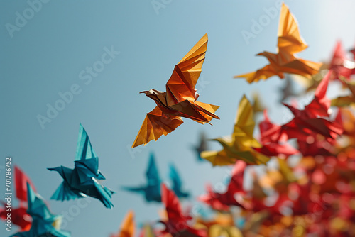 Witness the grace of colorful paper origami birds soaring against a clear blue sky in a captivating and artistic composition. Ai generated