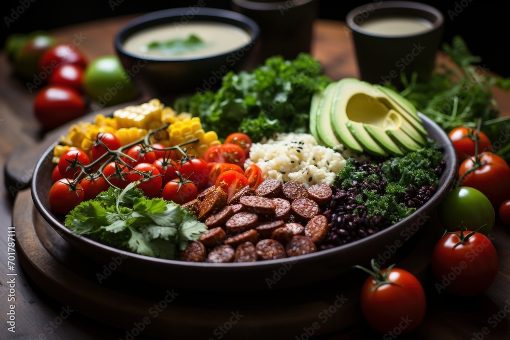 Photo of a balanced Buddha bowl with colorful ingredients. Generative AI