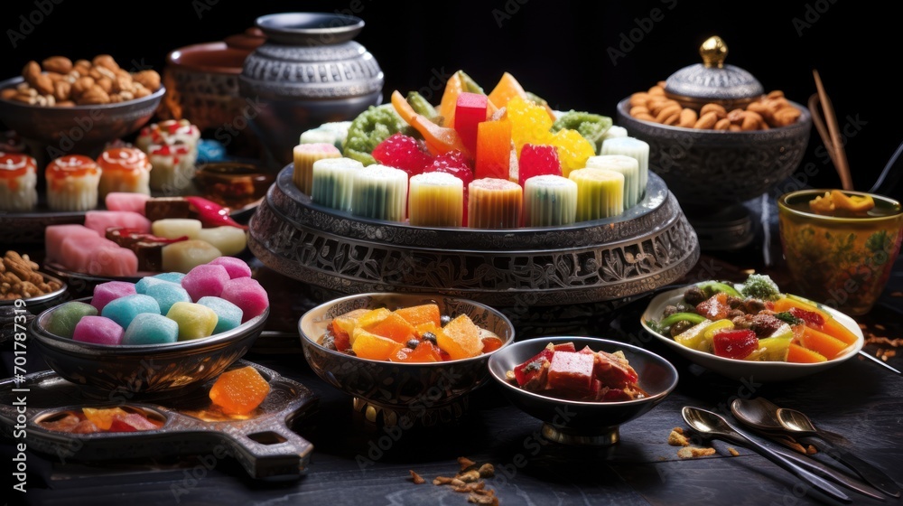  a table topped with lots of different types of desserts and bowls of food on top of a wooden table.