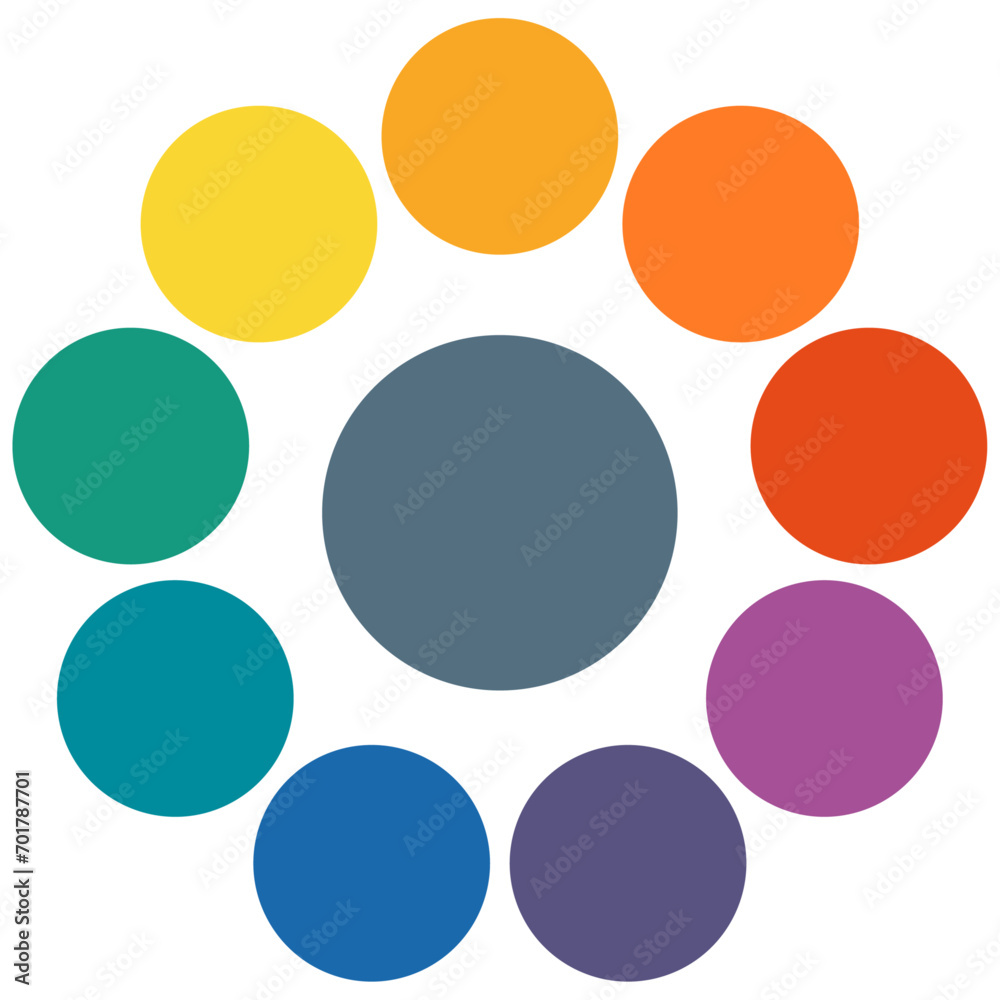 Infographic diagram with nine circles elements, instances in circular radial shape. Vector illustration. Infographic diagram with nine circles elements, instances in circular radial shape. Vector illustration.