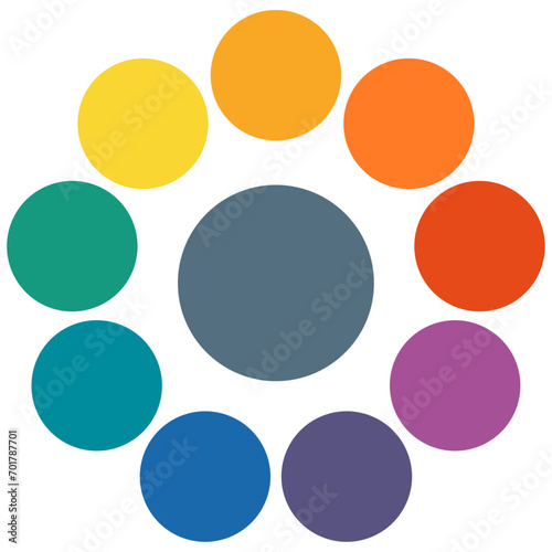 Infographic diagram with nine circles elements, instances in circular radial shape. Vector illustration.
