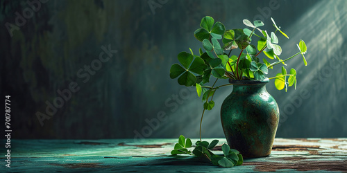 Artistic still life of a green shamrock in a vase.