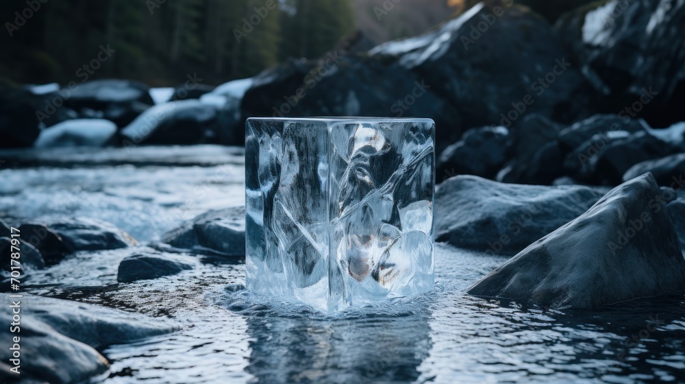 a glass of ice sitting on top of a river next to a rocky shore with a forest in the background. a glass of ice sitting on top of a river next to a rocky shore with a forest in the background.