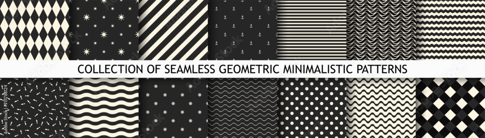 Collection of vector black and white seamless patterns. Simple geometric textures - repeatable backgrounds. Monochrome unusual design, minimalistic textile prints Collection of vector black and white seamless patterns. Simple geometric textures - repeatable backgrounds. Monochrome unusual design, minimalistic textile prints