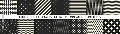 Collection of vector black and white seamless patterns. Simple geometric textures - repeatable backgrounds. Monochrome unusual design, minimalistic textile prints