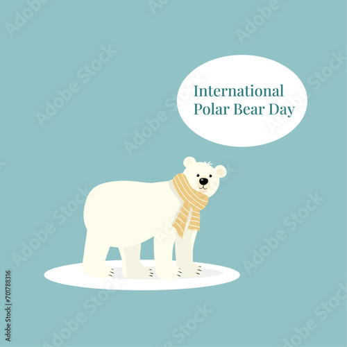 International Polar Bear Day. Vector illustration of a polar bear in a scarf standing on an floe. Cartoon design. 