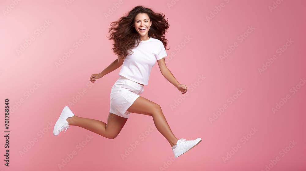 A complete picture of a girl who laughs and is wonderful in white sneakers jumping. a photo of a happy brunette wearing pink attire standing on one leg. A complete picture of a girl who laughs and is wonderful in white sneakers jumping. a photo of a happy brunette wearing pink attire standing on one leg.