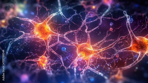 neuron cells with glowing in human brain synapses