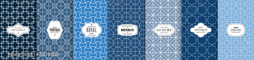 Collection of seamless ornamental vintage patterns. Elegant blue geometric oriental backgrounds. Symmetry endless prints - grid textures