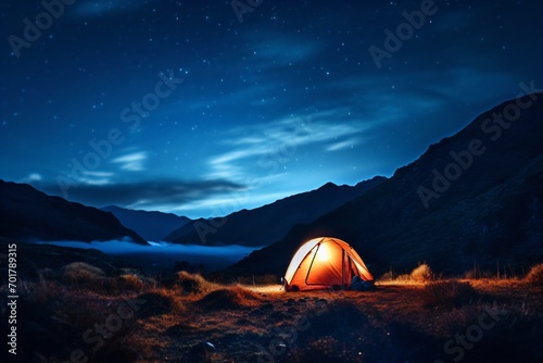 Tent for night camping and stargazing on a mountain top