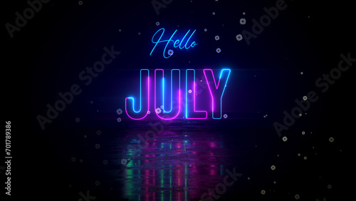 Festive Blue Pink Glowing Neon Hello July Lettering With Floor Reflection Amid The Falling White Flowers On Dark Background