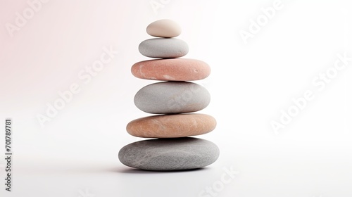 A mindfulness concept involves stacking marble zen stones on a white background.