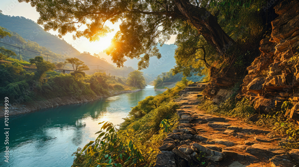 Riverside Majesty: Mountains, Trees, and Nature's Harmony Unveiled