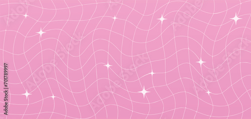 Y2k pink background with grid and blinks, Valentine Day techno backdrop. Vector illustration.