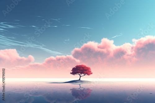 Graphic illustration of a lonely tree in a lake in front of mountains © Tarun