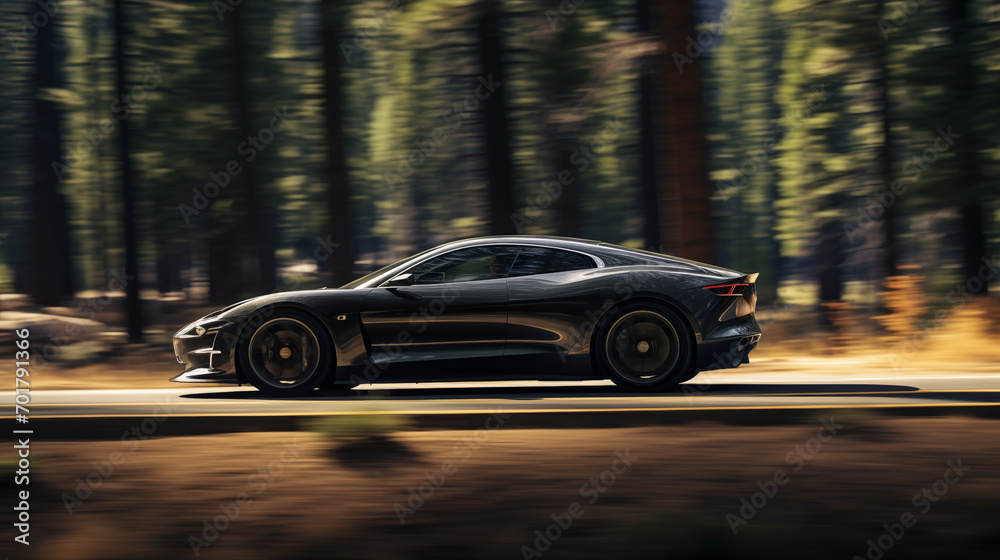 National Park Adventure: Black Sports Car in High-Speed Motion