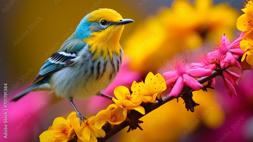 A bird is perched on colorful flowers