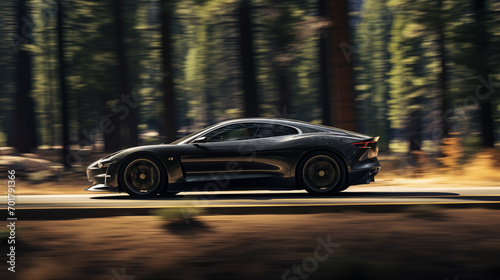 National Park Adventure: Black Sports Car in High-Speed Motion © Phrygian