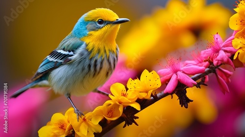 A bird is perched on colorful flowers © Akbar