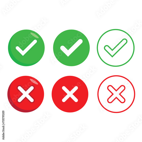 approved and reject icons, accept and not accept, check and cross. isolated white background color. vector illustration