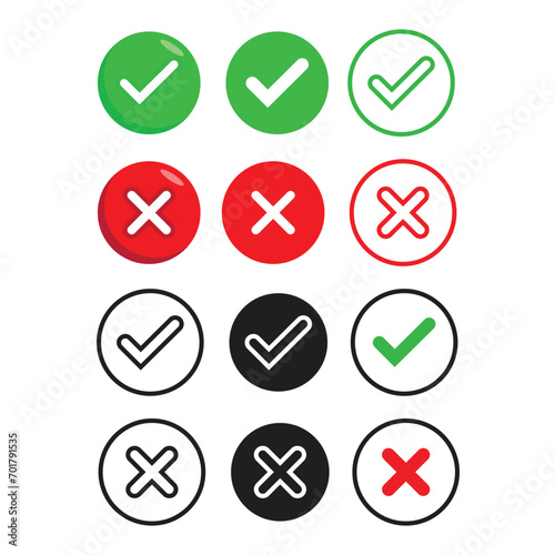 approved and reject icons, accept and not accept, check and cross. isolated white background color. vector illustration