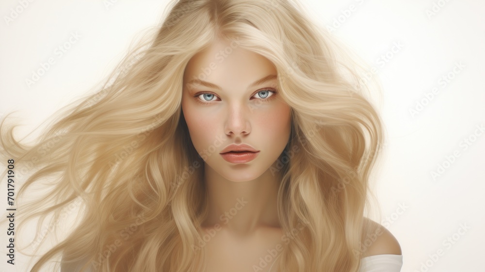 Realistic picture: imperfect woman in medium blonde and upholstered hair, white background Realistic picture: imperfect woman in medium blonde and upholstered hair, white background