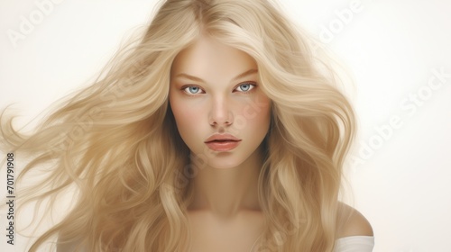 Realistic picture  imperfect woman in medium blonde and upholstered hair  white background 