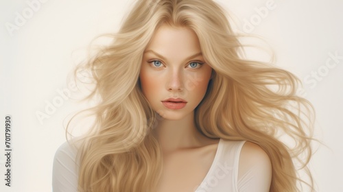 Realistic picture  imperfect woman in medium blonde and upholstered hair  white background 