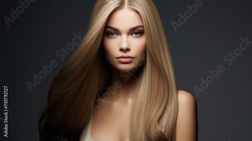 Pretty woman in medium blonde and straight upholstered hair